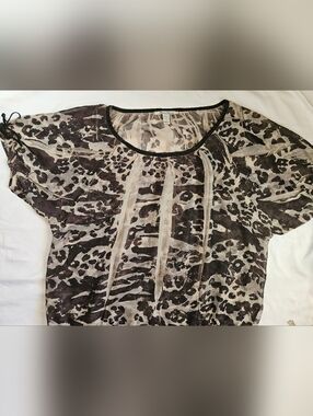 American Rag Cie Womens Brown Sheer Animal Print Short Skeeve Blousr Size 2X